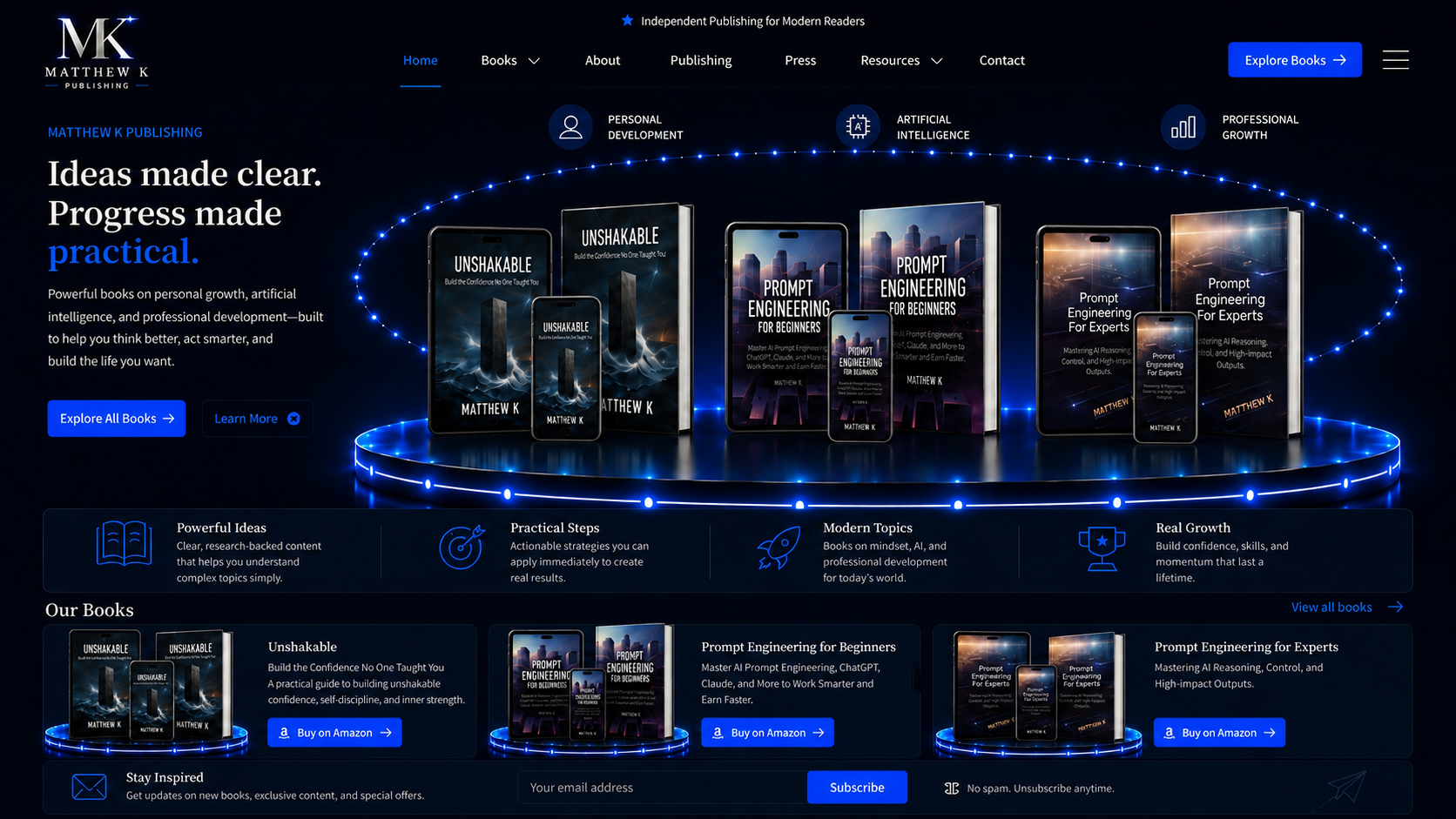Matthew K Publishing homepage with six complete hardcover, iPad, and iPhone book mockup groups