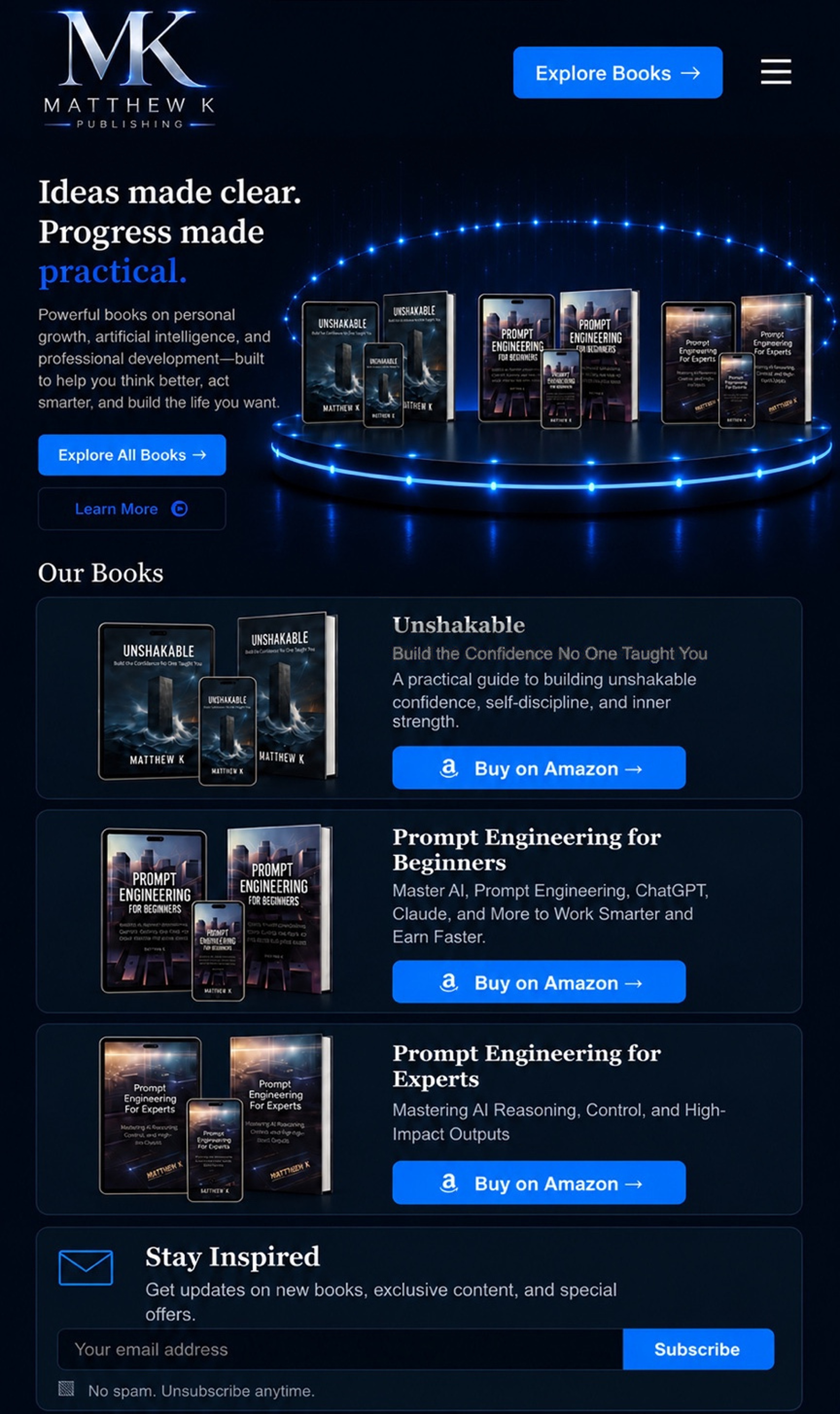 Matthew K Publishing mobile homepage with six complete book mockup groups